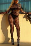 Black Sexy Solid Hollowed Out See-through O Neck Long Sleeve Two Pieces