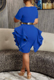 Blue Elegant Solid Patchwork Flounce O Neck Pencil Skirt Dresses(Without Belt)