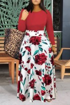 Rode casual print patchwork O-hals lange mouw plus size jurken