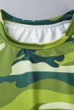 Groen Geel Casual Camouflage Print Basic T-shirts met O-hals