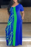 Blau Casual Print Basic V-Ausschnitt Kurzarm Kleid Kleider in Übergröße