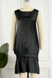 Schwarze, lässige, elegante, solide Patchwork-Kleider mit Falten und O-Ausschnitt