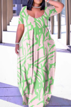 Groen Casual Print Basic V-hals Jurk met korte mouwen Grote maten jurken