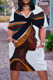 Серые повседневные прямые платья с уличным принтом и V-образным вырезом в стиле пэчворк