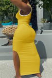 Yellow Sexy Solid Patchwork U Neck Pencil Skirt Dresses