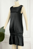 Schwarze, lässige, elegante, solide Patchwork-Kleider mit Falten und O-Ausschnitt