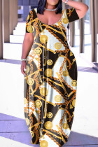 Золотое повседневное принт Базовое платье с v-образным вырезом и короткими рукавами Платья больших размеров