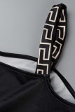 Black khaki Casual Print Patchwork Square Collar Plus Size Jumpsuits