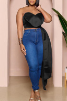 Black Sexy Solid Patchwork Asymmetrical Strapless Tops