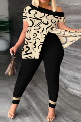 Apricot Casual Print Patchwork Slit Oblique Collar Short Sleeve Two Pieces