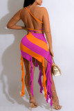 Orange Pink Sexy Print Tassel Bandage Patchwork Oblique Collar Sleeveless Two Pieces