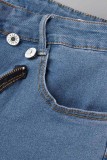 Jeans blu casual in denim a vita alta con spacco patchwork solido