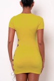 Yellow Sexy Print Bandage Hollowed Out Patchwork O Neck Pencil Skirt Dresses