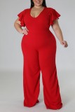 Red Casual Solid Basic V Neck Plus Size Jumpsuits