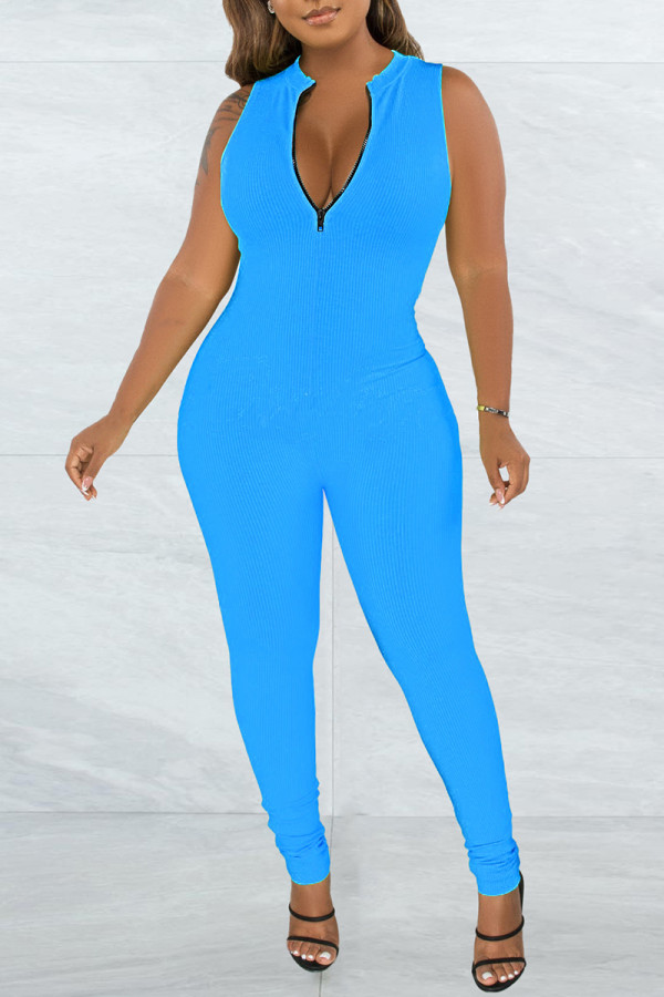 Blauwe casual stevige basic skinny jumpsuit met rits en kraag