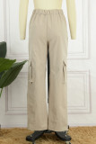 Khakifarbene, lässige, solide Patchwork-Taschenfalte mit hoher Taille, gerade, einfarbige Unterteile