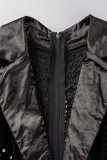 ブラック セクシー ソリッド スパンコール パッチワーク フェザー ターンバック カラー スキニー ジャンプスーツ