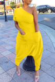 Yellow Casual Solid Patchwork Asymmetrical Oblique Collar Loose Jumpsuits