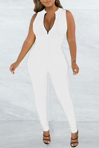 White Casual Solid Basic Zipper Collar Skinny Jumpsuits
