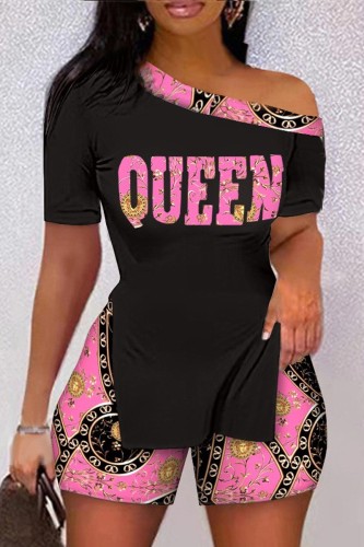 Pink Casual Print Patchwork Slit Oblique Collar Plus Size Two Pieces