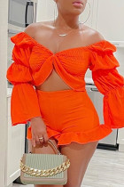 Orange Sexy Solid Backless Long Puff Sleeve Two Pieces Off the Shoulder Blouse Tops And Ruffle Hem Short Sets