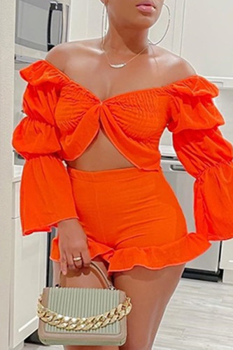 Deux pièces orange sexy solide dos nu sur l'épaule à manches longues