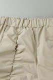 Khakifarbene, lässige, solide Patchwork-Taschenfalte mit hoher Taille, gerade, einfarbige Unterteile