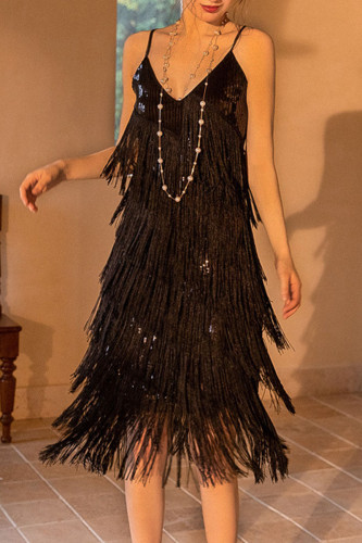 Black Sexy Solid Tassel Patchwork Spaghetti Strap Sling Dress Dresses