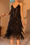 黒のセクシーなソリッドタッセルパッチワークスパゲッティストラップスリングドレスドレス