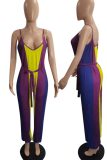 Yellow Casual Striped Patchwork Spaghetti Strap Plus Size Jumpsuits