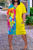 Желтые повседневные прямые платья в стиле пэчворк с V-образным вырезом