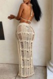 Apricot Sexy Solid Bandage See-through Backless Halter Sleeveless Two Pieces