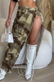 Army Green Casual Camouflage Print Patchwork Slit Regular High Waist Conventional Full Print Bottoms
