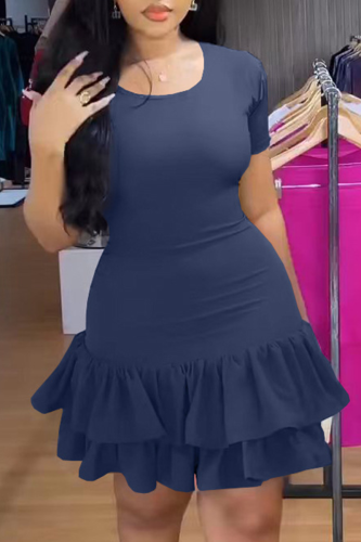 Dark Blue Sexy Casual Solid Flounce O Neck Cake Skirt Dresses