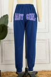 Pantalones estampados de letras casuales básicos regulares de cintura alta con estampado de posicionamiento convencional azul