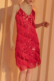 Robes de robe de fronde de courroie de spaghetti de patchwork de gland solide rouge sexy