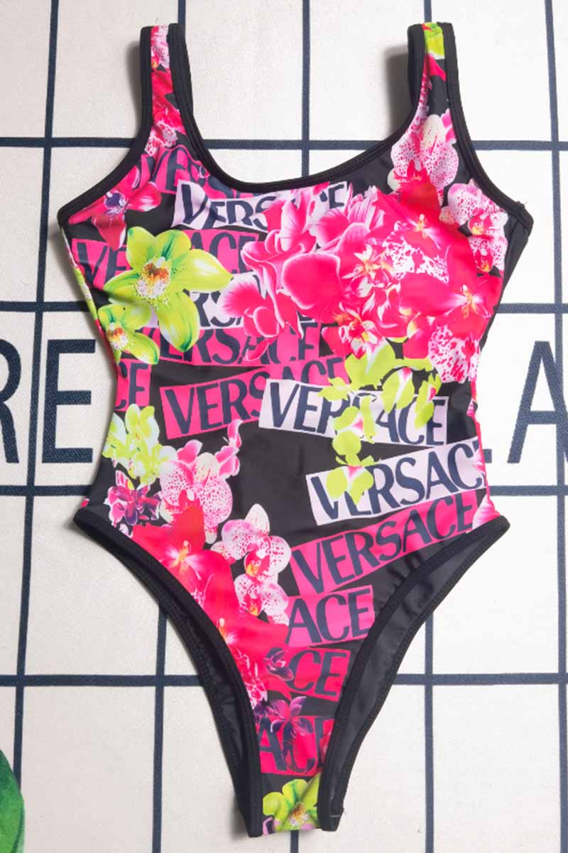 

Black Vacation Simplicity Print Backless Letter Swimwears