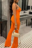 Oranje sexy casual effen rugloze skinny jumpsuits met spaghettibandjes