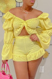 Yellow Sexy Solid Backless Long Puff Sleeve Two Pieces Off the Shoulder Blouse Tops And Ruffle Hem Short Sets
