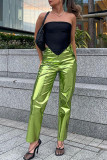 Pantalones de color sólido rectos de cintura alta de patchwork sólido de calle informal verde