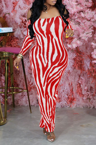 Red Sexy Print Patchwork Off the Shoulder One Step Skirt Dresses