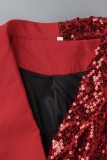 赤 カジュアル パッチワーク スパンコール Vネック 長袖 ドレス