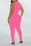 Roze casual effen basic skinny jumpsuit met rits en kraag