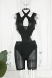 Black Sexy Solid Hollowed Out Patchwork See-through Two Pieces