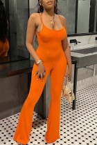 Orangefarbene, sexy, lässige, einfarbige, rückenfreie Skinny-Jumpsuits mit Spaghettiträgern