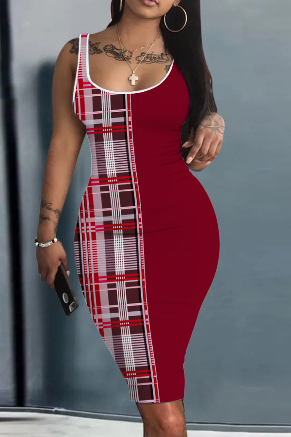 Темно-красное сексуальное базовое платье с U-образным вырезом и принтом Платья