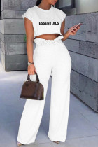 White Casual Letter Print Basic O Neck Two Pieces