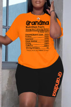 Черный Оранжевый Повседневная Уличная печать Пэчворк О-образный вырез С короткими рукавами Из двух частей