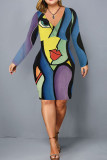 Kleur casual print patchwork jurken met V-hals