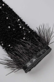 Черные сексуальные однотонные узкие комбинезоны с блестками и перьями в стиле пэчворк с отложным воротником